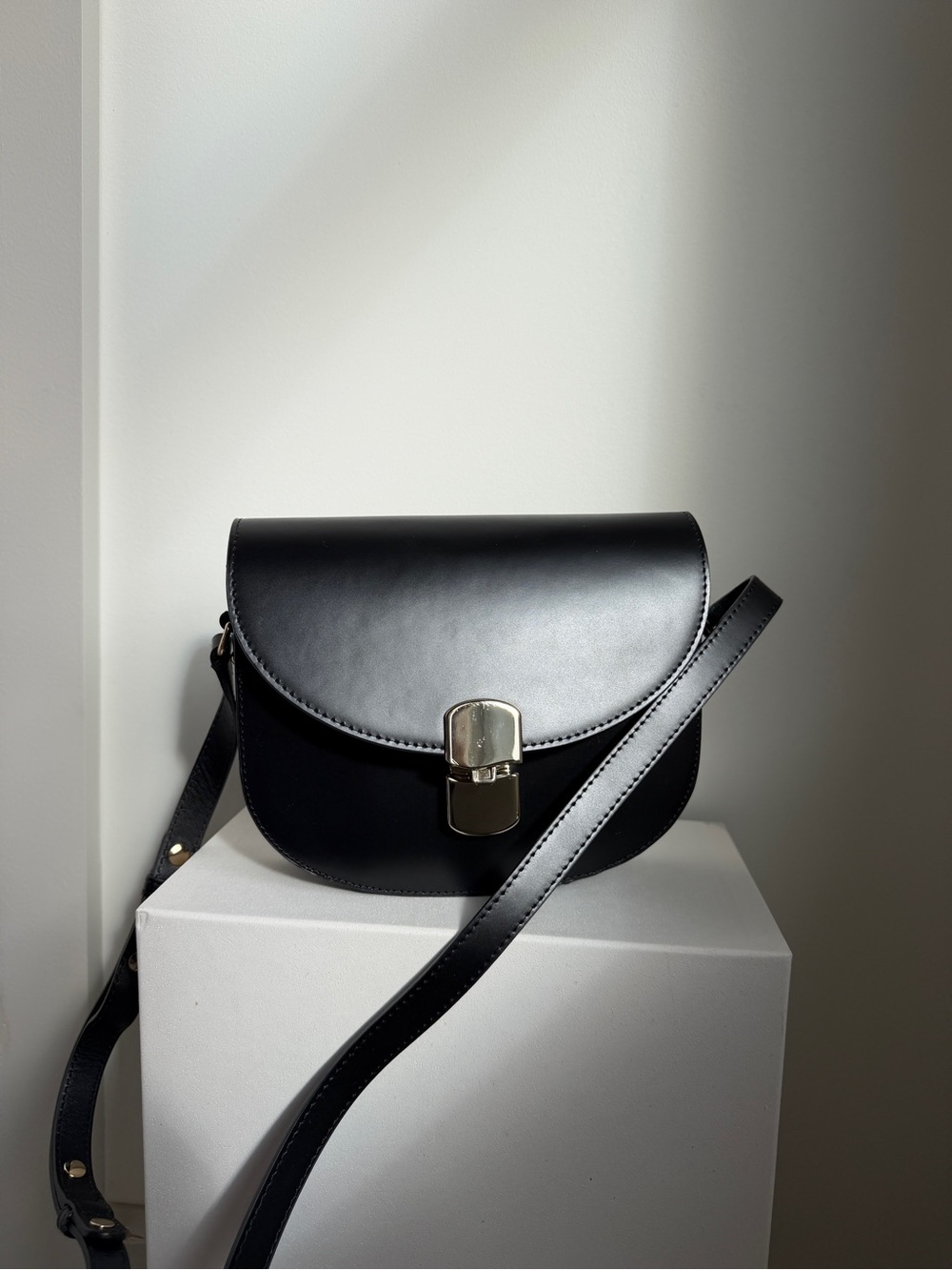 Sezane Black Leather Crossbody with Gold Tone Lock